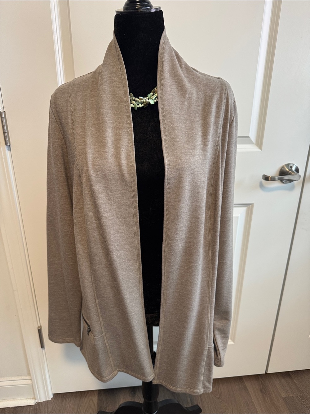 LOGO by Lori Goldstein Taupe Open Front Cardigan with zip pockets. Never worn.